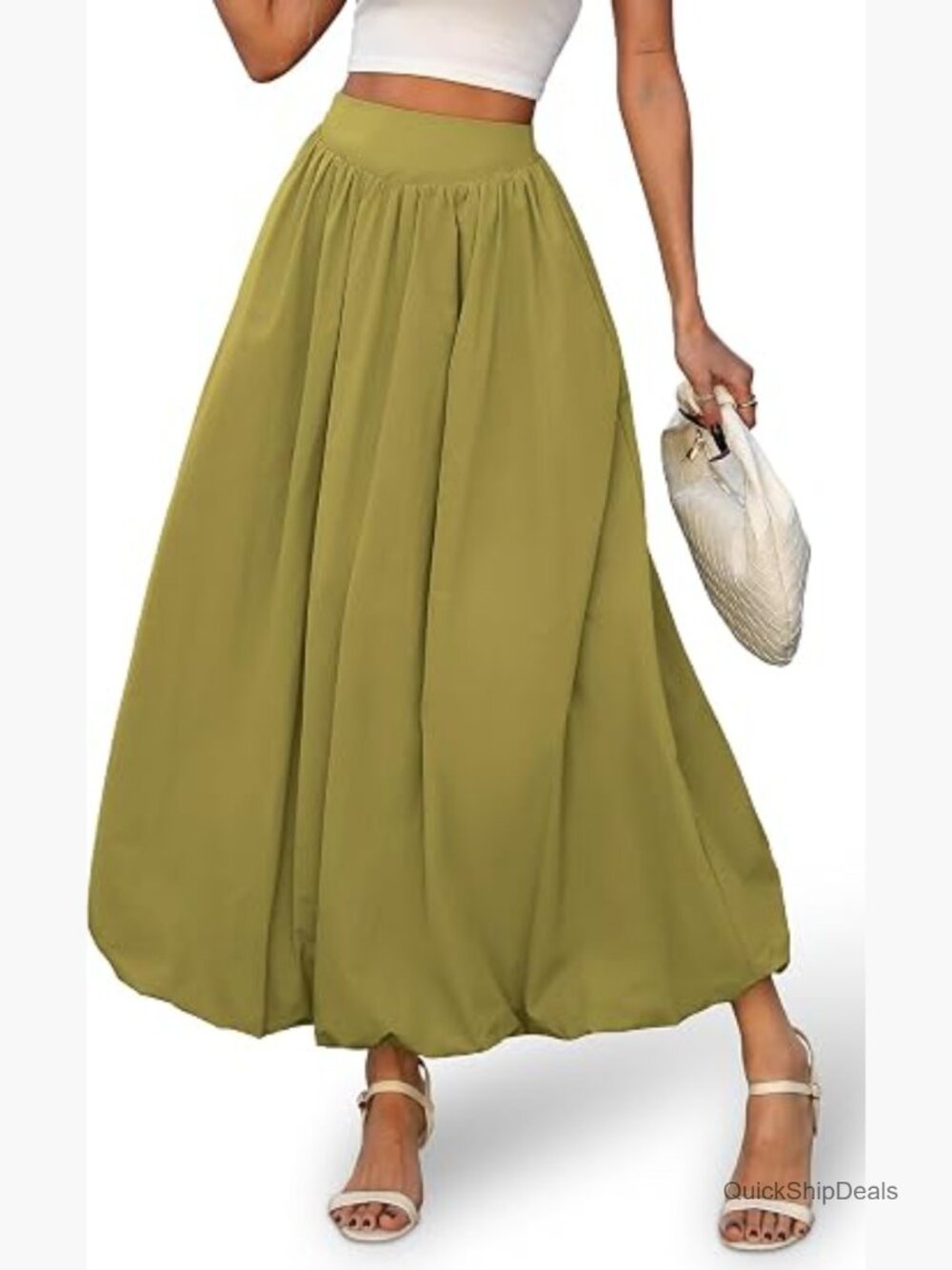 Bubble Maxi Skirt, Elastic Waist Puffy Hem A-Line with Pockets